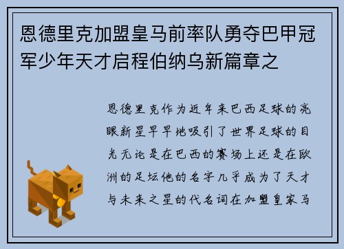 恩德里克加盟皇马前率队勇夺巴甲冠军少年天才启程伯纳乌新篇章之 恩德里克加盟皇马前率队勇夺巴甲冠军少年天才启程伯纳乌新篇章之