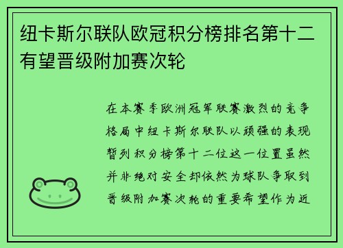 纽卡斯尔联队欧冠积分榜排名第十二有望晋级附加赛次轮 纽卡斯尔联队欧冠积分榜排名第十二有望晋级附加赛次轮